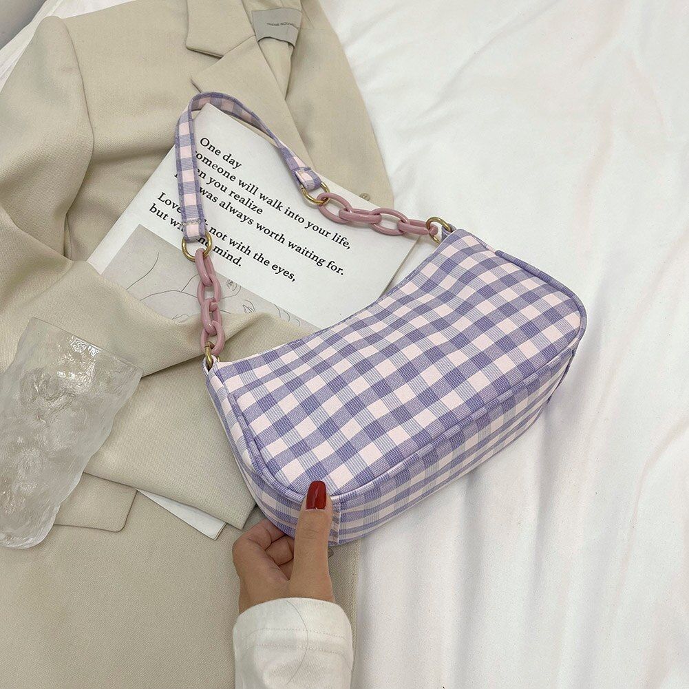 Oxford Cloth Plaid Shoulder Underarm Bags Chain Small Purse Handbag 22*13*6 CM