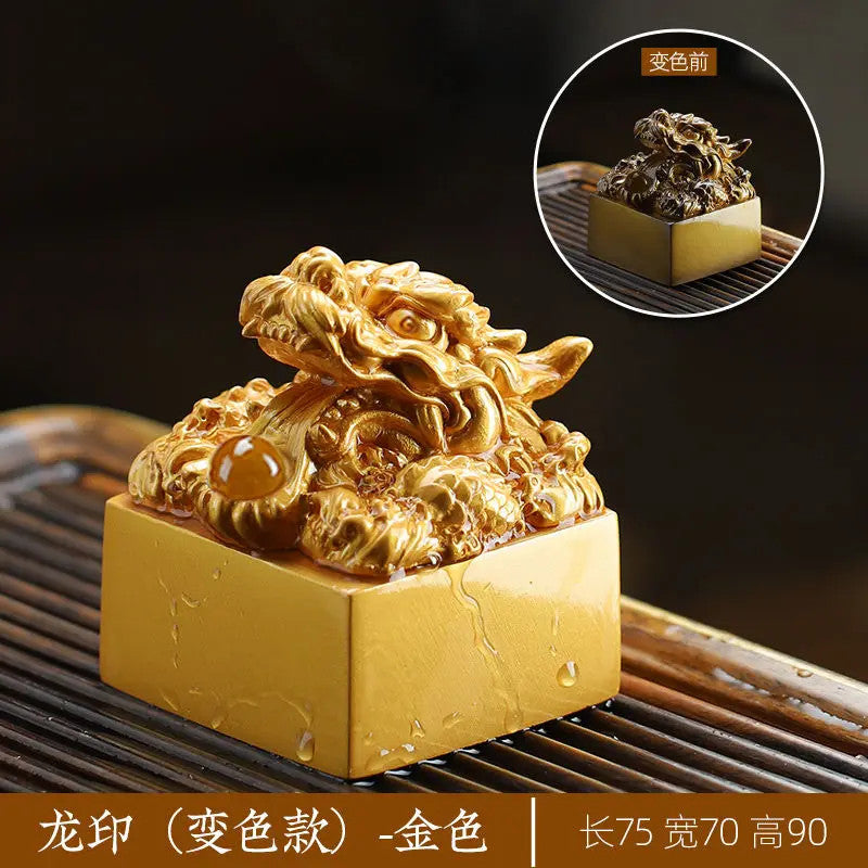 Chinese Resin Color Changing Tea Pet Dragon Imperial Seal Feng Shui Ornament