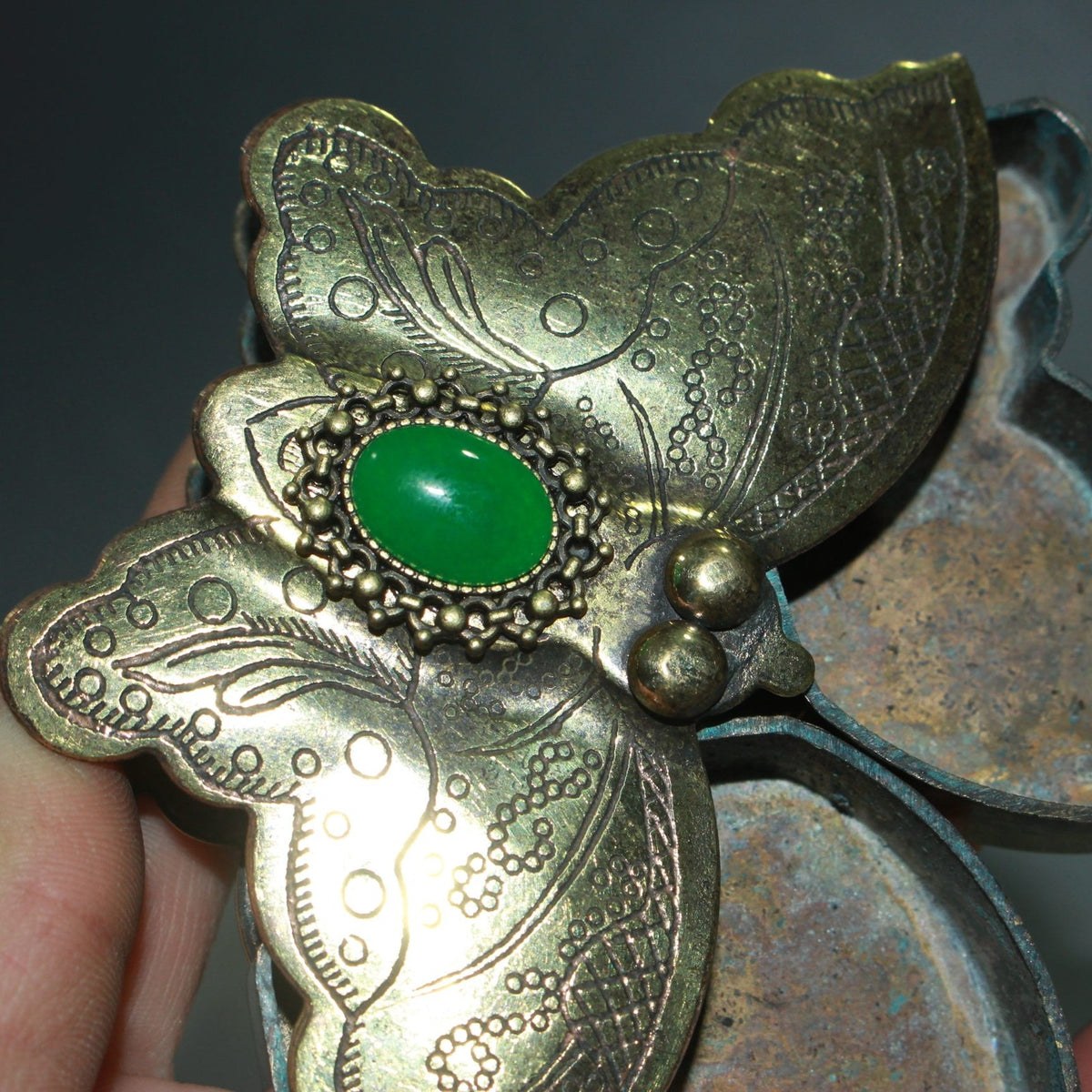 Vintage Copper Butterfly Ink Box 10cm Simulated Jade Inlay