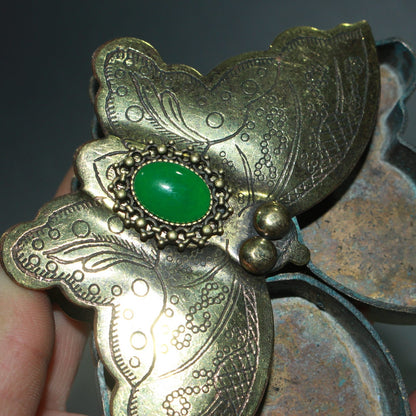 Vintage Copper Butterfly Ink Box 10cm Simulated Jade Inlay