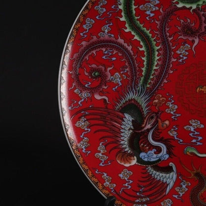 10.2''in Chinese Famille Rose Porcelain Dragon Phoenix Pattern Plate Dish