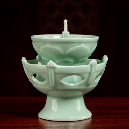 Buddhist Celadon Oil Lamp Candlestick for Buddhist Butter Lamps Decoration