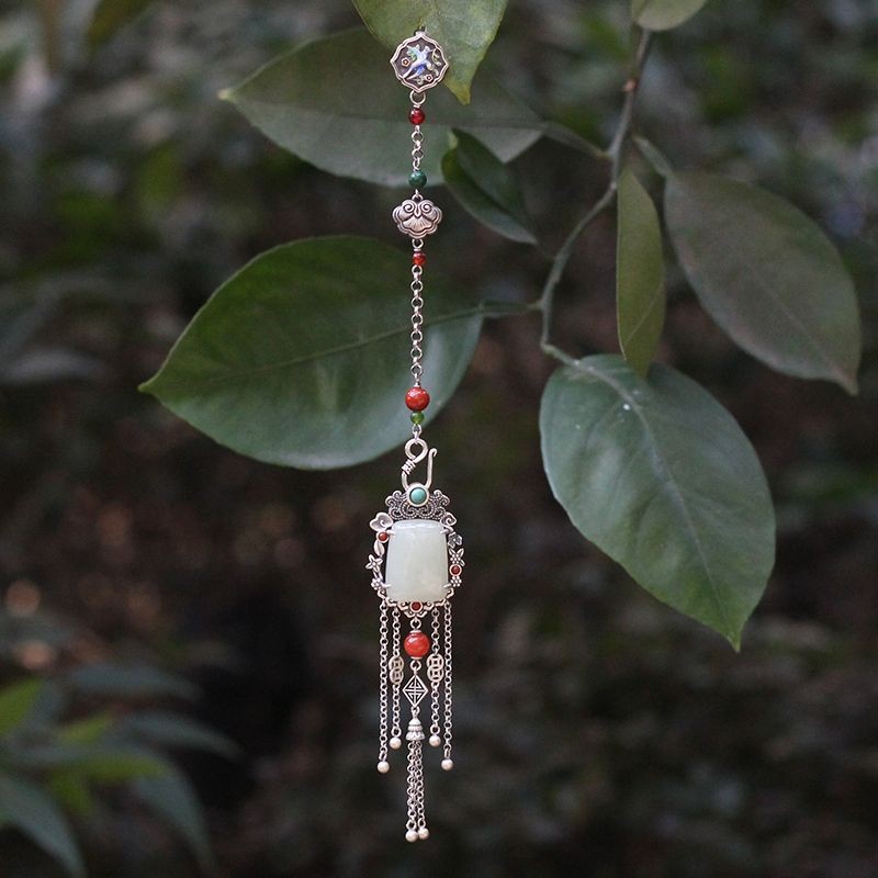 Vintage Ethnic Silver-Plated Enamel Pendant, Cheongsam Hanfu Accessory