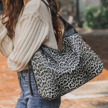 Leopard Black Women Concealed Carry Handbag Studs Hobo Shoulder Bag W/ Purse