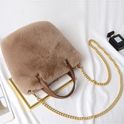 Fluffy Tote Bag Sling Chains Shoulder Strap Crossbody Faux Fur Bucket Handbag