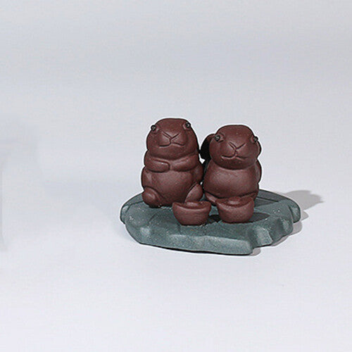 Rabbit On Leaf Mat Lovely Tea Pet Zisha Purple Clay Home Garden Decoration Small