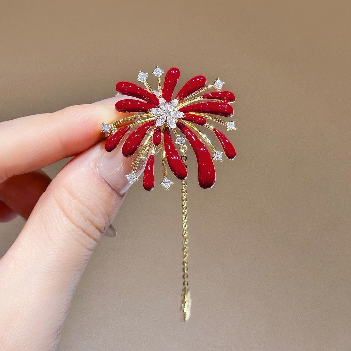 Red Enamel Firework Brooch Zircon Tassel Pin