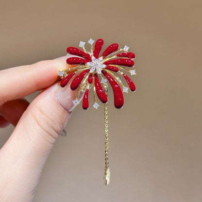Red Enamel Firework Brooch Zircon Tassel Pin