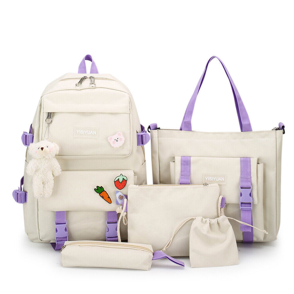 5Pcs Women Girls School Bag Backpack Kawaii Student Bookbag Rucksack Waterproof