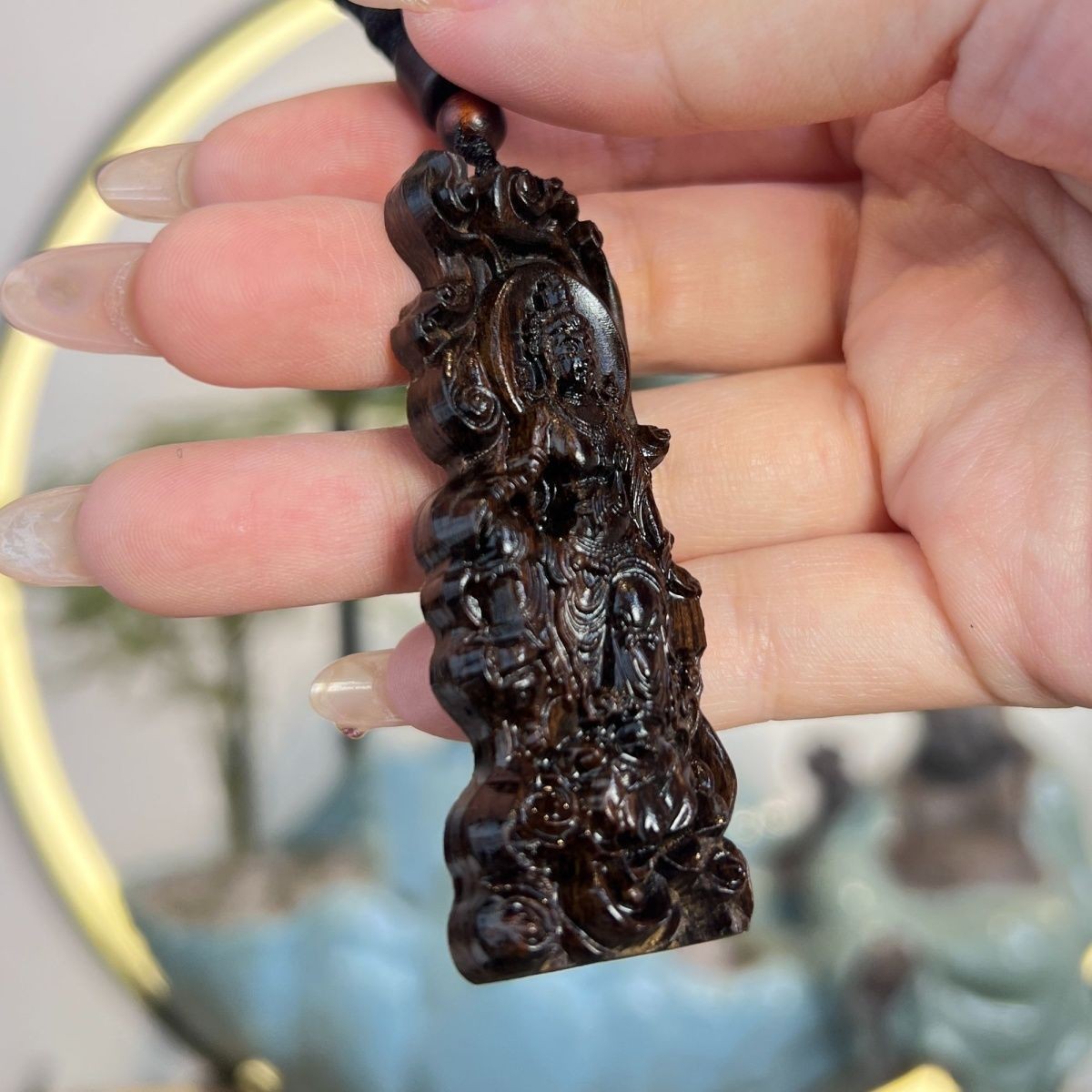 Papua Rosewood Carved Guanyin Pendant Lotus Buddha Wood Amulet Vintage Ornament