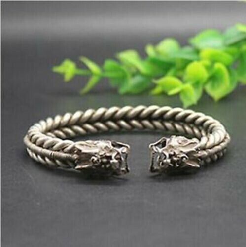 Collectable Old Chinese Tibet Silver Handcarved Dragon Head Bracelet 10023