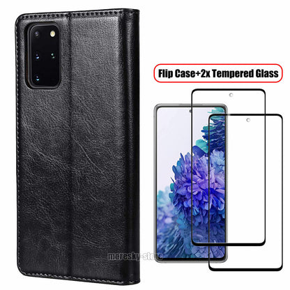For Samsung Galaxy S20 FE /FE 5G Case, Shockproof Leather Cover + Tempered Glass