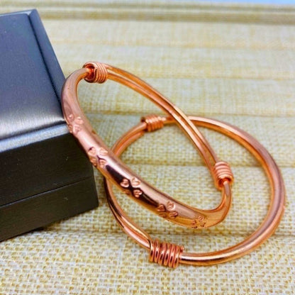 Pure Red Copper Four Leaf Clover Bangle 2-Pack Adjustable