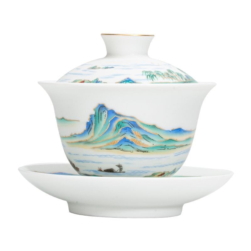 Dehua White Porcelain Qianli Jiangshan Gaiwan 150ml Handmade Kung Fu Tea Cup