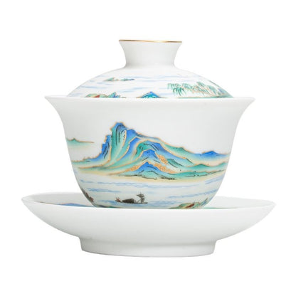 Dehua White Porcelain Qianli Jiangshan Gaiwan 150ml Handmade Kung Fu Tea Cup