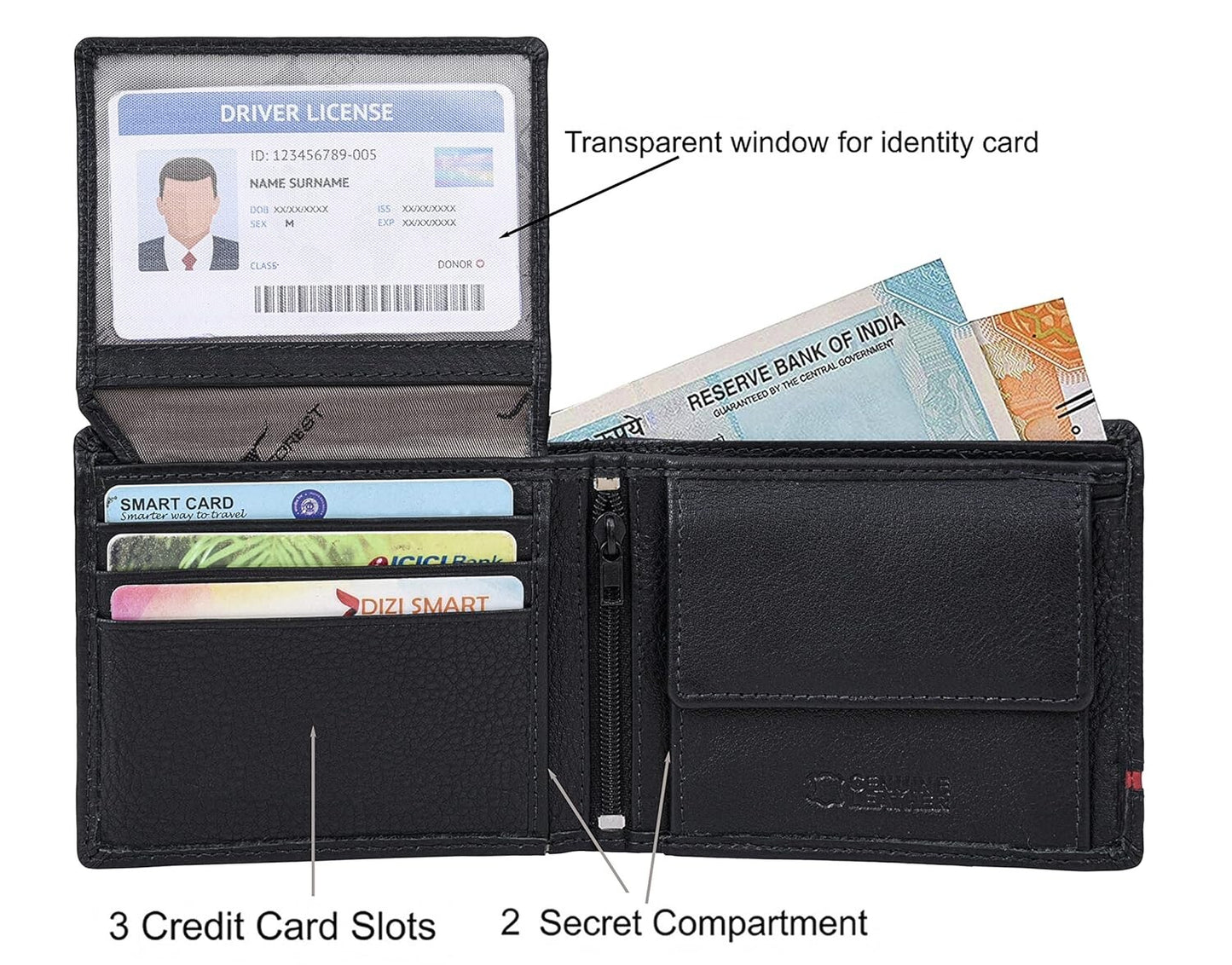 New Black/Red Bi-Fold Leather Men's Wallet RFID Protection Gift Item