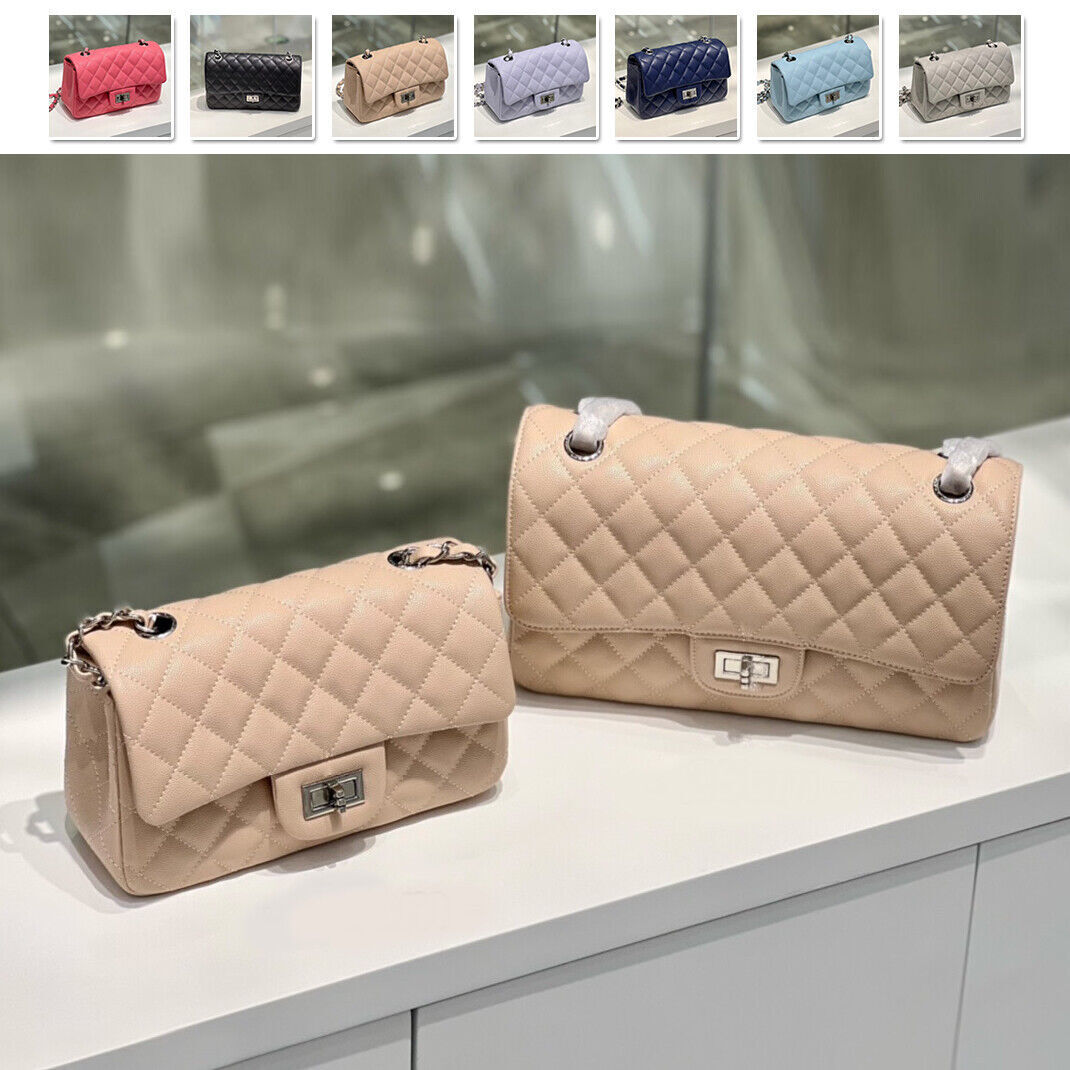 Quilted Real Leather Caviar Effect Double Flap Shoulder bag Handbag Purse Chains