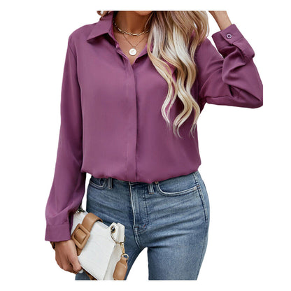 Chiffon Shirt Button-up Tops Blouse Long Sleeve Women T Shirts Casual Baggy