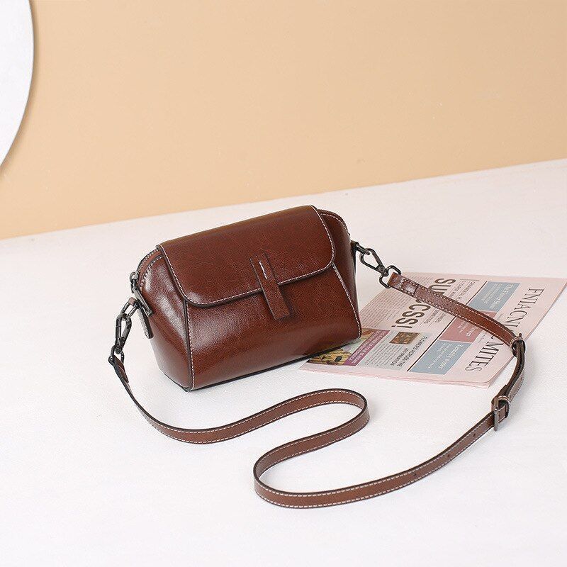 Wax Cowhide Leather Crossbody Small Bag Shoulder Shell Casual Purse Polyester