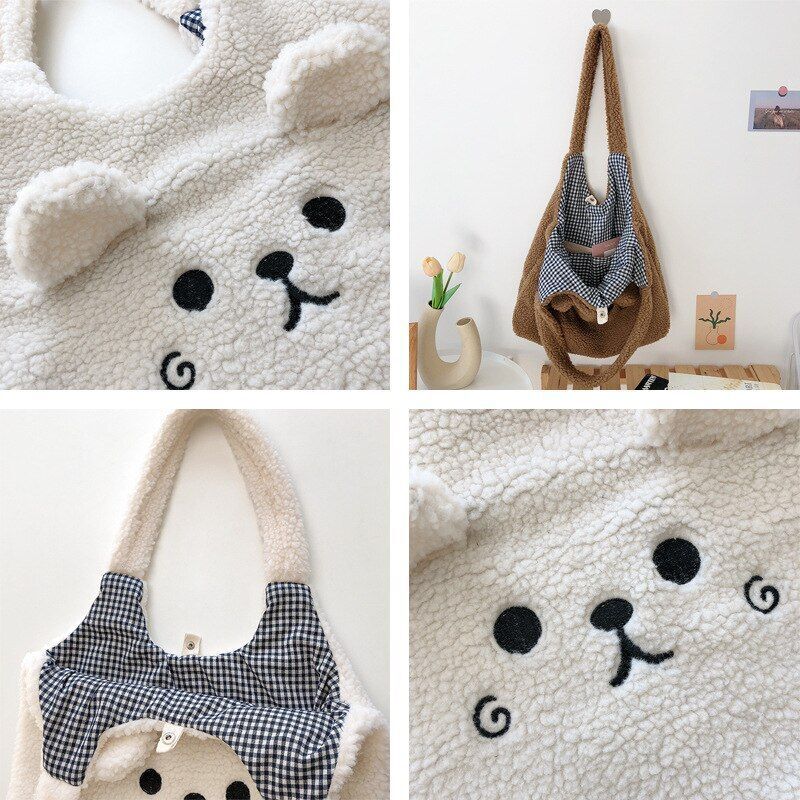 Winter Soft Plush Bag Women Cartoon Embroidery Imitation Lamb Hair Shoulder Bag