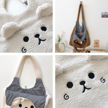 Winter Soft Plush Bag Women Cartoon Embroidery Imitation Lamb Hair Shoulder Bag