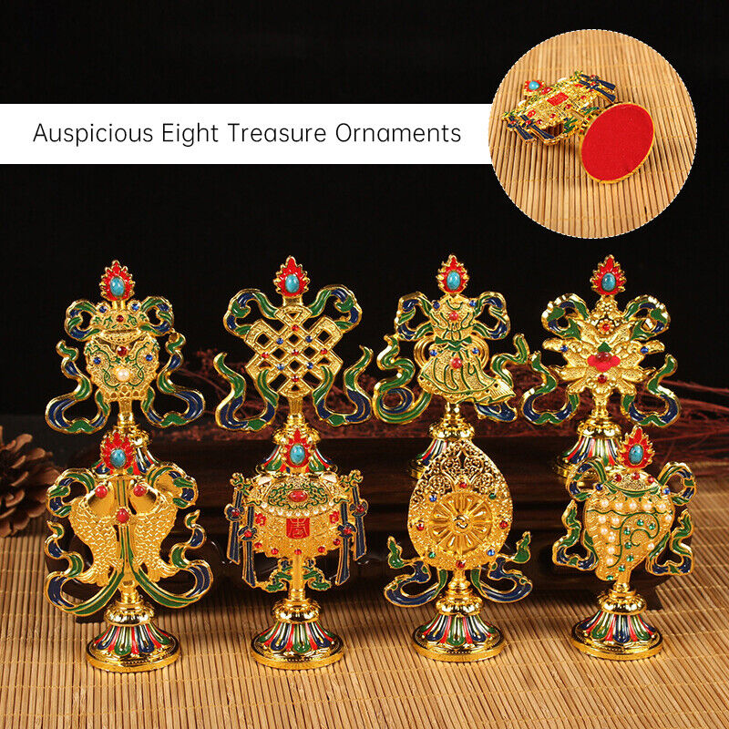 8 Pcs Painted Tibetan Engraved Eight Treasures Auspicious Statue Buddhism