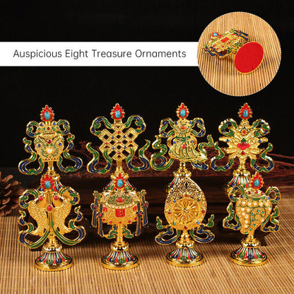 8 Pcs Painted Tibetan Engraved Eight Treasures Auspicious Statue Buddhism