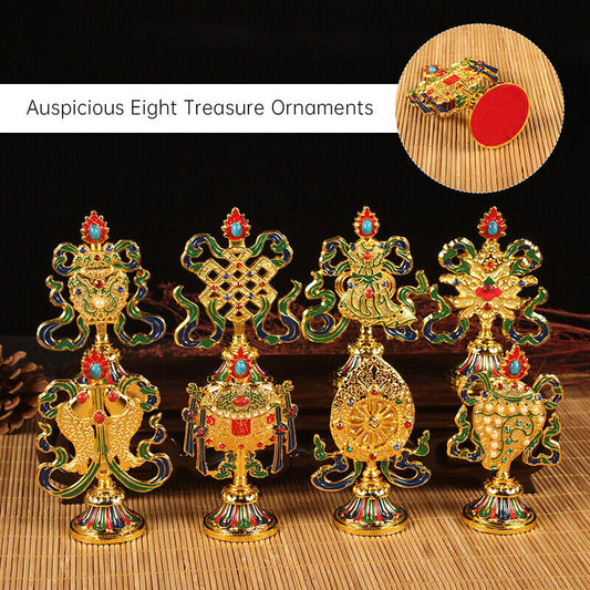 8 Pcs Painted Tibetan Engraved Eight Treasures Auspicious Statue Buddhism