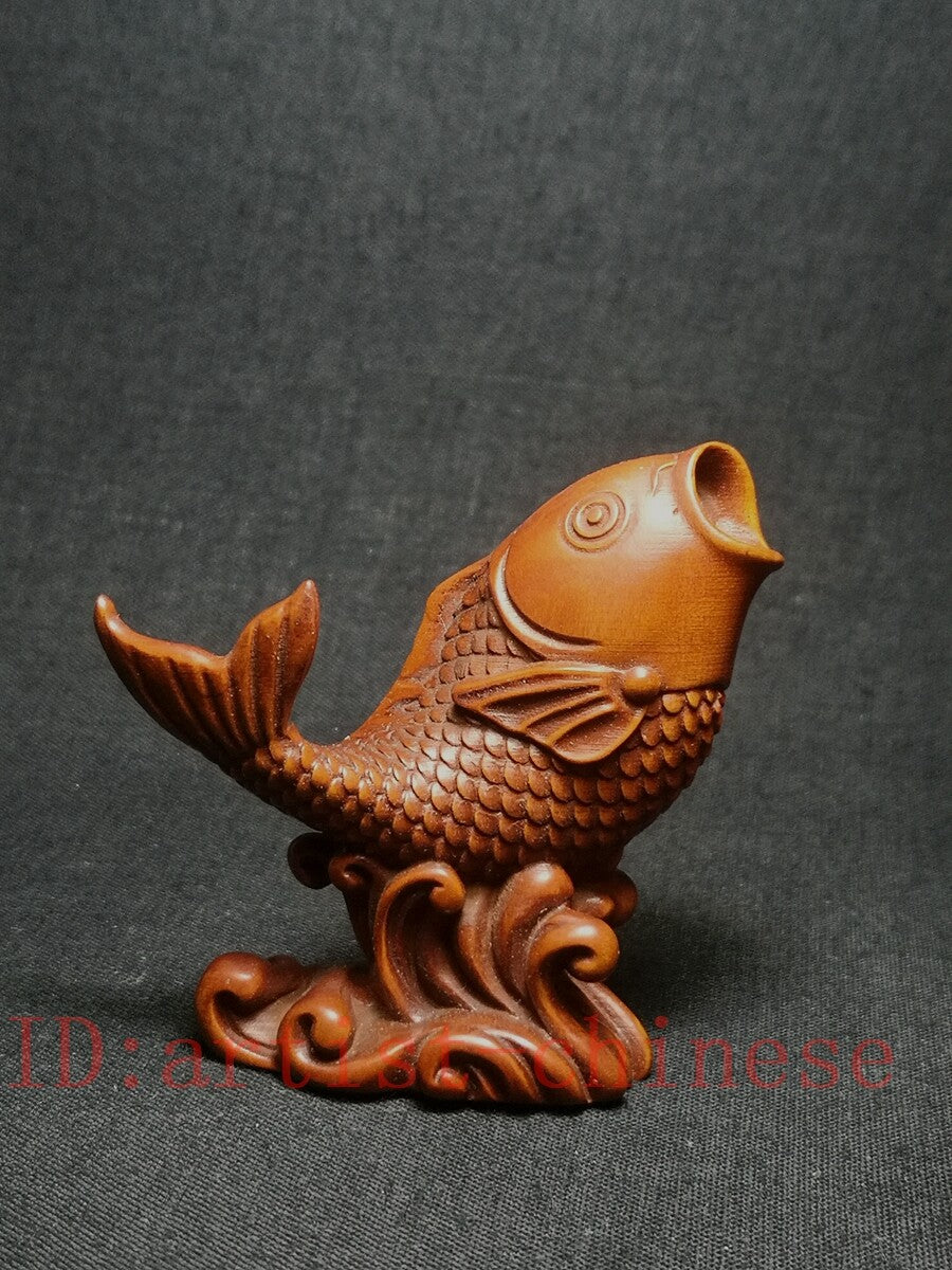 Japanese Rare Boxwood Hand Carved Lovely Fish Figure Statue Netsuke Collect Gift