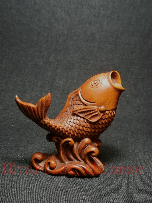 Japanese Rare Boxwood Hand Carved Lovely Fish Figure Statue Netsuke Collect Gift