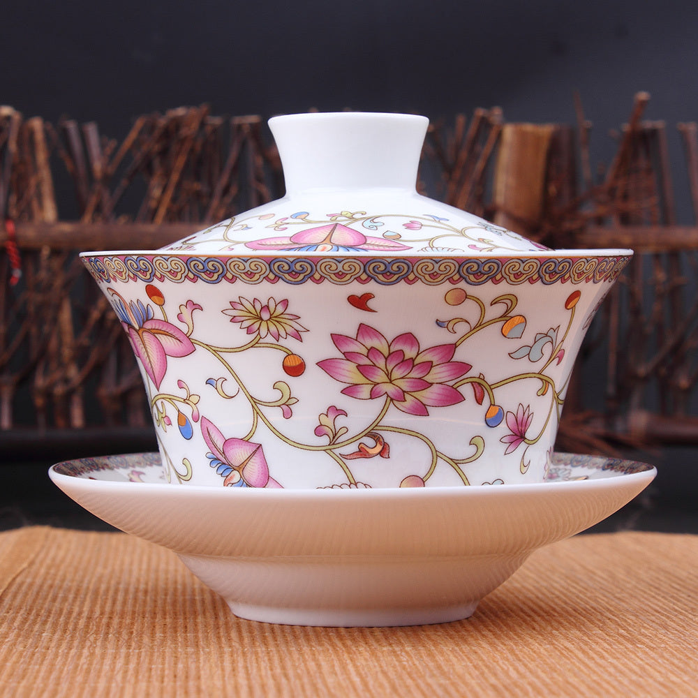 Chinese Tea Cup Gaiwan Tureen Porcelain Handpainted Flower Ceramic Tea Bowl Lid