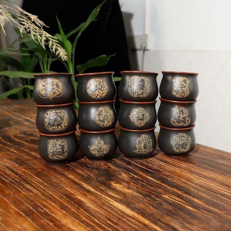 70ml Chinese Purple Pottery Handcarved Twelve Zodiac Master Cup Kungfu Teaware