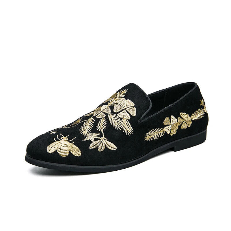 Loafers Men Shoes Black Embroidery Flower Business Casual Shoes