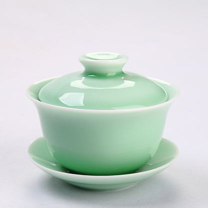 Longquan Porcelain Gaiwan Chinese Green Solid Color Tureen Handpainted Floral