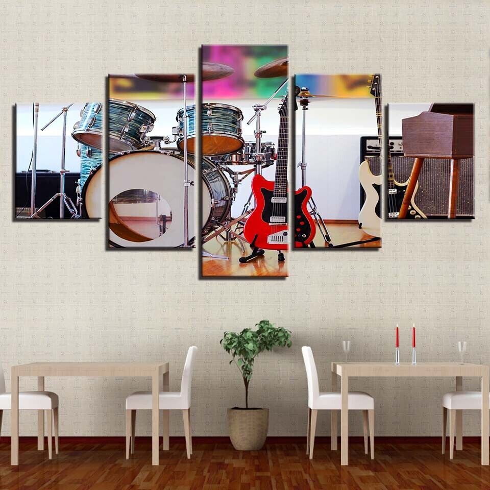 Music Instrument Drum Guitar Set Canvas Prints Painting Wall Art Home Decor 5PCS