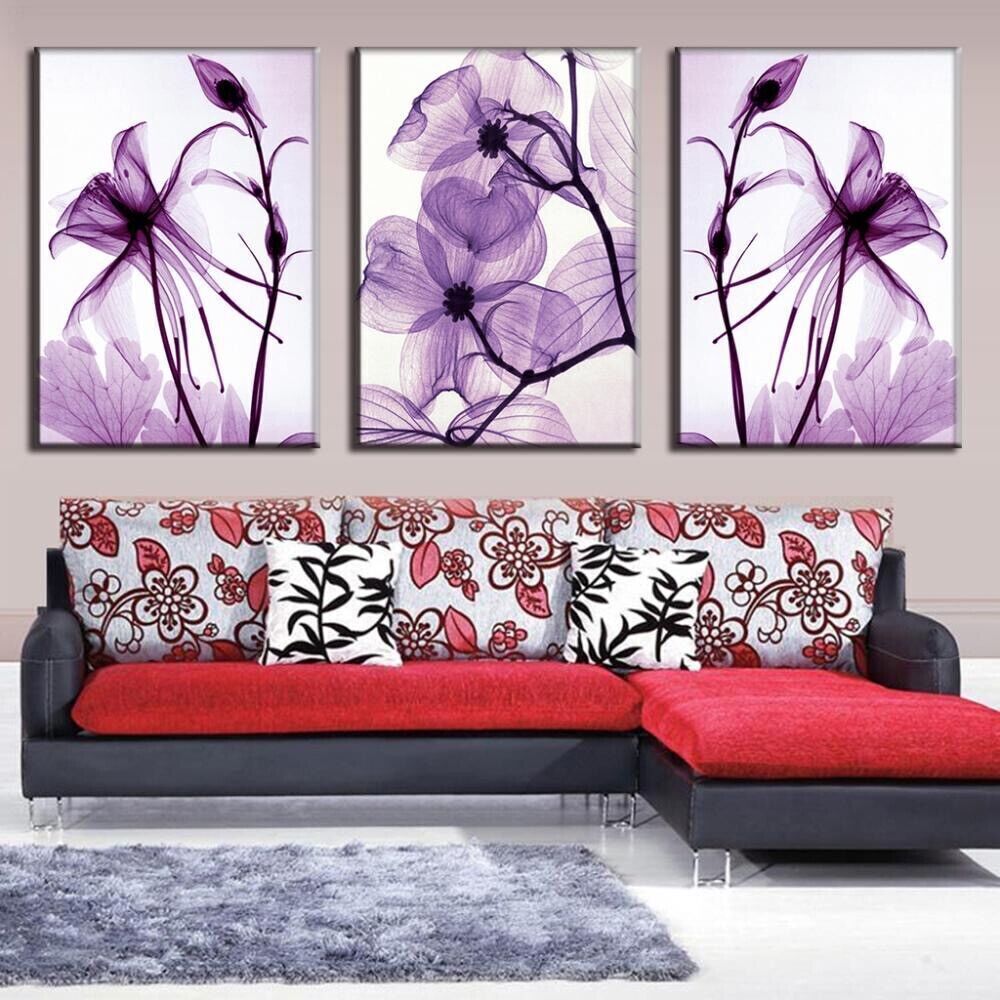 Abstract Purple Violet Flowers 3 Pieces Canvas Print Wall Art Poster Home Decor