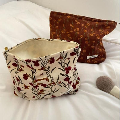 Fashion Corduroy Cosmetic Bag Retro Flower Print Travelling Beauty Storage Bags