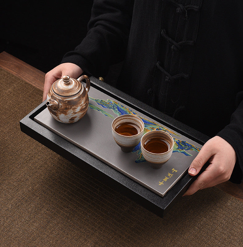 Porcelain Black Stone Tea Tray Creative Serving Tray On Sales Crude Pottery Tray