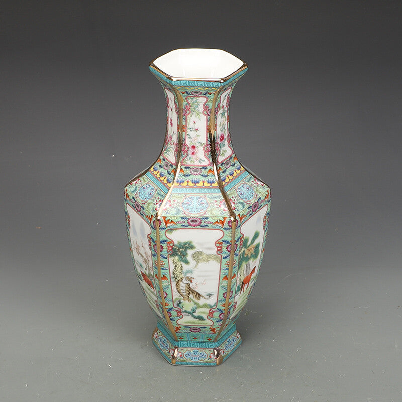 11.1" Chinese Qing Porcelain Gild 12 Zodiac Animal Six Sides Flower Vase