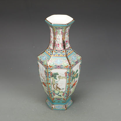 11.1" Chinese Qing Porcelain Gild 12 Zodiac Animal Six Sides Flower Vase