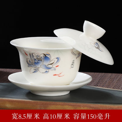 Sheep Fat Jade Porcelain Dehua Cover Bowl White Porcelain Blue and White Tea Set