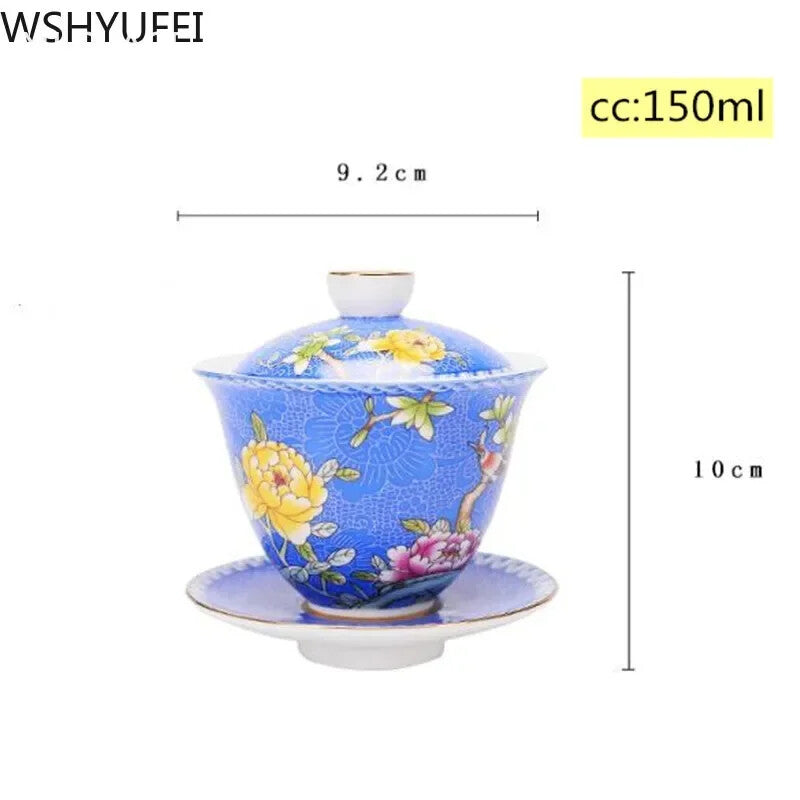 1PC Jingdezhen Gaiwan Enamel Color Tea Bowl Hand painted flower bird Teaset