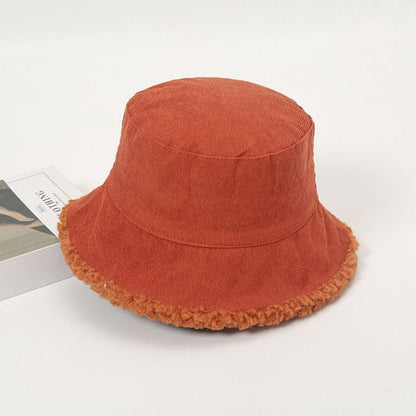 Women Winter Bucket Hat Warming Panama Cap Lady Fluffy Corduroy Double-Side Wear