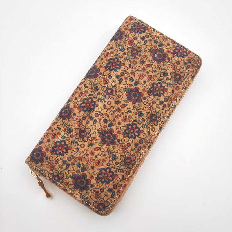 Tile Pattern Print Natural Cork Wallet Leather Long Purse Zipper Card Holder 1PC