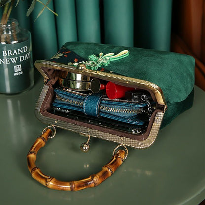 Wood Hand Lock Shell Bag Vintage Purse Chain Women Shoulder Purse Cloth Handbags