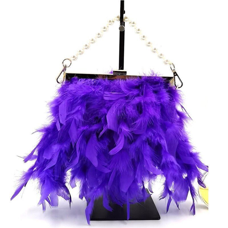 Luxury Real Feather Purse Handbag Clutch Shoulder Bags Pearl Chain 20*5*18 CM