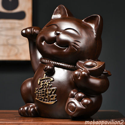 Arts and Crafts Ebony Wood Carved Maneki Neko Statue Lucky Cat Feng Shui Decor