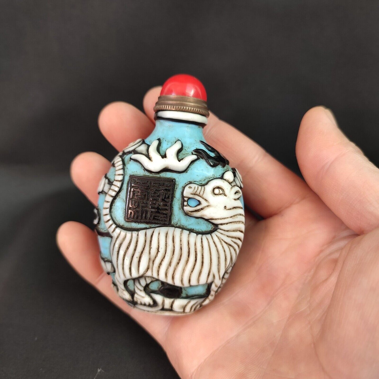 Old Peking Glass Snuff Bottle box overlay snuffbox tiger animal carvings rare