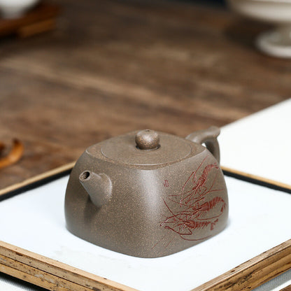 Full Handmade Tea Pot Marked Hand Carved Shrimp Yixing Zisha Xiekeqing Clay Pot