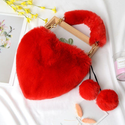 Faux Fur Winter Women Handbag Cute Heart Shaped Shoulder Bag Purse Messenger Bag